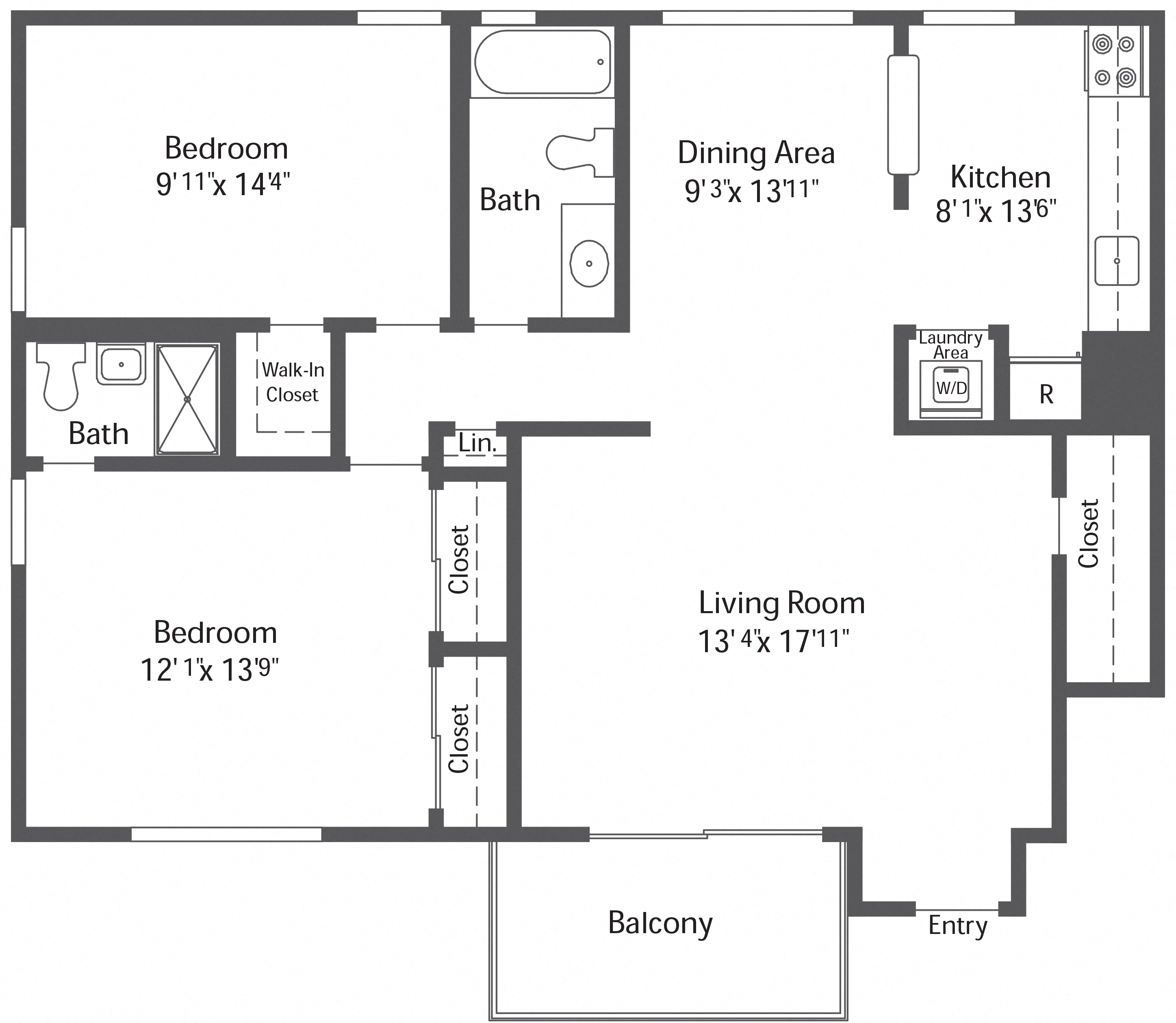 Floor plan for 2 beds, 2 baths, 1040 sqft